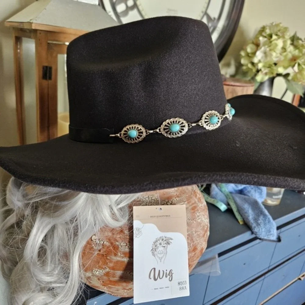 Frye Womens Faux Wool Felt Black Turquoise  Cattlemans Cowgirl Cowboy Hat‎ NWT